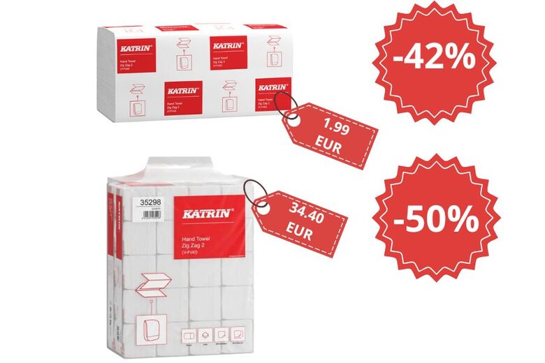 Katrin, roku dvieļi loksnēs Zig Zag, V-fold, 2-slāņu, 200 loknes/pac. ar rokturi