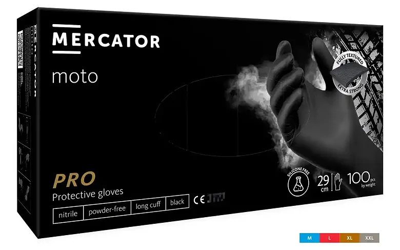 MERCATOR moto black — extended-cuff nitrile gloves, powder-free, black, 100 pcs