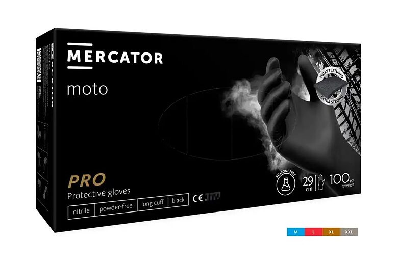 MERCATOR moto black — nitrila cimdi ar pagarinātu aproci, bez pūdera, melni, N100