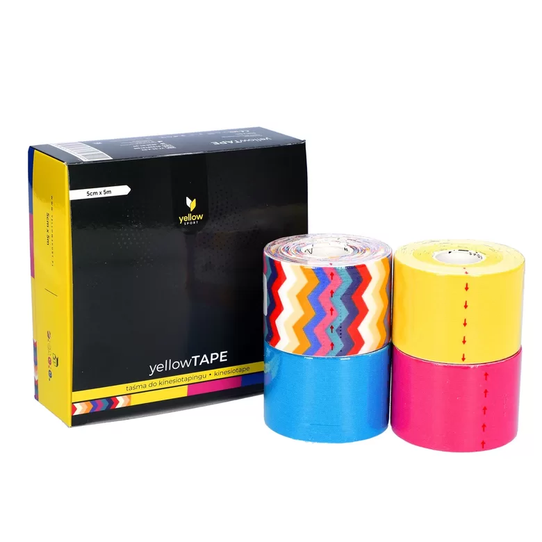 Komplekts!Kinezioloģiskais teips -yellowTAPE - kinesiotape, varavīksnes zig zag, dzeltens, rozā, zils