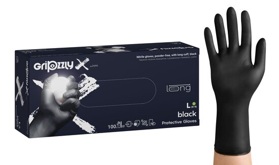 Gripzzly X Nitrile gloves, powder-free, extended cuff, black, 