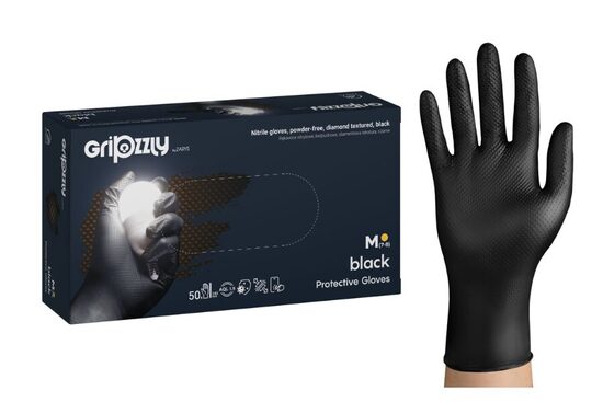 Gripzzly Nitrile gloves, powder-free, diamond textured, black, size: (a50)