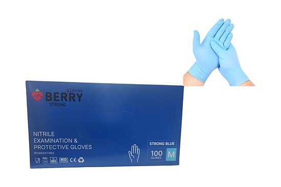 BERRY STRONG nitrila cimdi — zili, biezie (5 g), bez pūdera (100 gab.)
