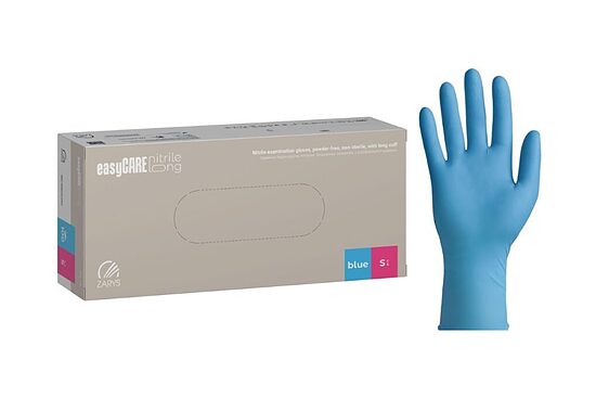 Pagarināti nitrila cimdi, nepūderēti «Easy CARE», zilā krāsā, 100 gb.