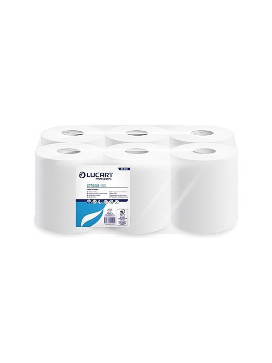 STRONG 450 — divkārtu industriālie papīra dvieļi rullī (6 ruļļi)
